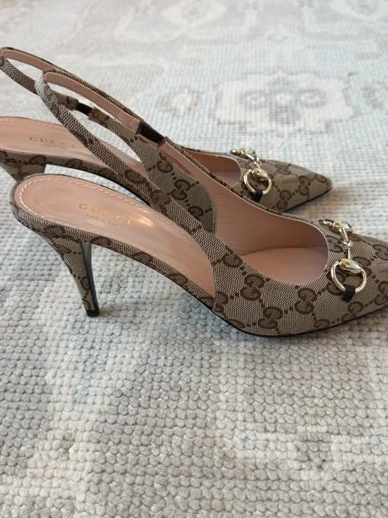 Gucci Brown GG Canvas Horsebit Slingback Heels - Picture 4 of 6